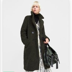 Zara FLEECE TEDDY FAUX FUR COAT DARK GREEN S